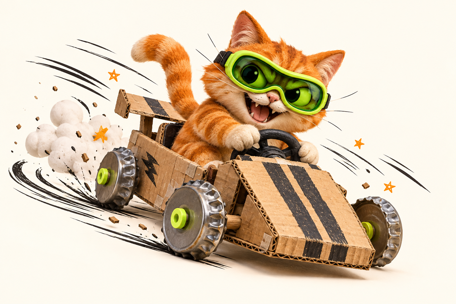 戴荧光绿护目镜的橘猫驾驶纸箱赛车
